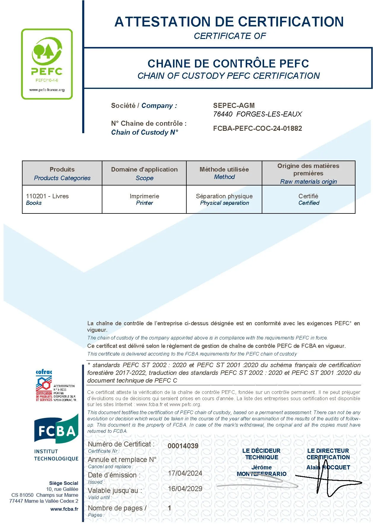 PEFC certificate – Sepec AGM (FCBA-PEFC-COC-24-01882)
